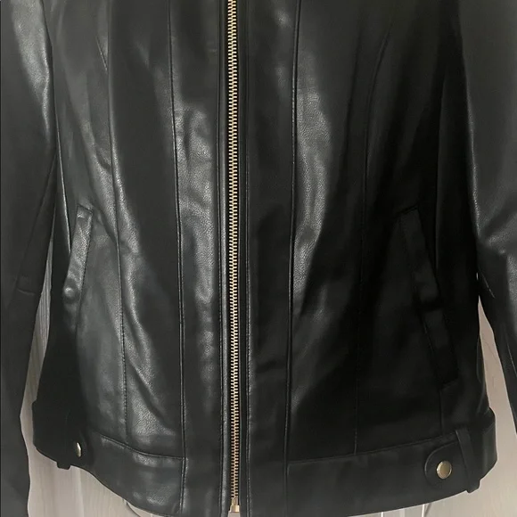 Cole Haan Black Leather Feel Biker Jacket with Gold Accents Zipper - Picture 3 of 13